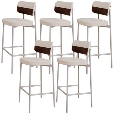 Imagem de Kit 05 Banquetas Alta Bar Cozinha Sala De Jantar Aço Branco Kaira C01 Linho Palha Courino Whisky - Lyam Decor