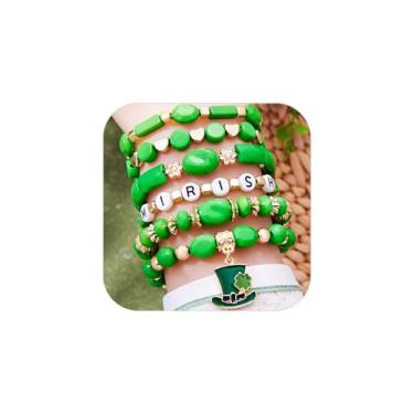 Imagem de Hremhoo Pulseiras de Dia de São Patrício para mulheres, homens, contas verdes, chapéu de trevo, pingente, letras da sorte, pulseiras empilháveis, berloque, pulseira irlandesa, verde, presente de dia