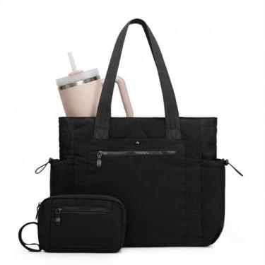 Imagem de Milan Chiva Bolsa feminina leve acolchoada bolsa de trabalho bolsa de ombro para viagem, uso diário, escola, bolsas de enfermeira, 2 peças, Creme puro-preto, Medium