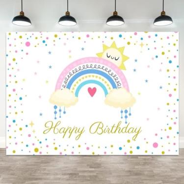 Imagem de ASDCXZ Pano de fundo de feliz aniversário de 1,5 x 0,9 m, arco-íris, nuvens de sol, estrelas, pontos coloridos para decoração de cabine de fotos de festa de aniversário