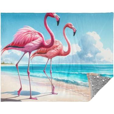 Imagem de Cobertor macio de flamingo personalizado em aquarela 177,8 cm x 139,7 cm Cobertores de sofá de inverno para mulheres presente cobertor de sherpa azul
