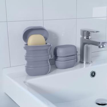 Imagem de Saboneteira de silicone com tampa à prova de vazamento, recipiente de sabão em barra ou dobra plana com camada de drenagem para viagens e hotéis