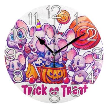 Imagem de GAIGEO Relógio de parede decorativo analógico quarto cozinha relógio redondo sem tique-taque silencioso, decoração de parede vintage sala de estar bonito Halloween mouse abóbora, 25 cm, ponteiros