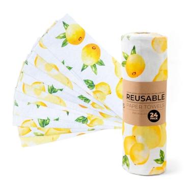 Imagem de Toalhas de papel reutilizáveis Zero Waste, lenços de flanela de algodão orgânico para cozinha, banheiro, secagem à mão, sujeira de animais de estimação e limpeza de balcão, limões, conjunto de