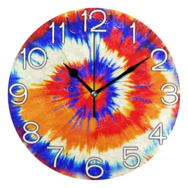 Imagem de GAIGEO Relógio de parede analógico decorativo escritório cozinha relógio redondo sem tique-taque silencioso, decoração de parede de meados do século sala de estar laranja azul tie dye redemoinhos, 25