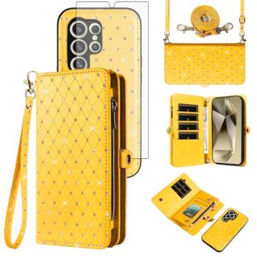 Imagem de Asuwish Capa de celular para Samsung Galaxy S24 Ultra 5G Carteira com zíper destacável com protetor de tela de vidro temperado, alça flip com glitter, compartimento para cartão S24Ultra 24S S 24