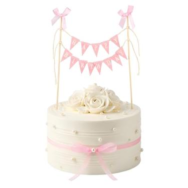 Imagem de Wanmu 11Pcs Bow Ribbon Cake Topper Happy Birthday Banner, Cute Cakes Bunting Toppers with Wood Pole Handmade Pennant Flags for Baby Shower Bridal Party Donut Cakes Cupcakes Decorations (Pink)