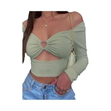 Imagem de Top Cropped Feminino Com Decote Em V E Mangas Longas, Estilo Casual De