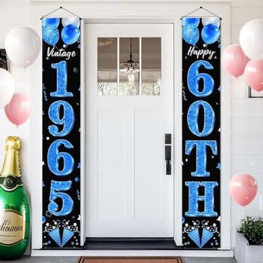 Imagem de BlissYard Conjunto de faixa de porta de aniversário 30 x 188 cm vintage 1965 60 azul preto números verticais letras decoração de festa interior exterior painel de porta celebração pendurar na parede
