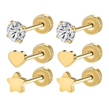 Imagem de Aoedej G23 Brincos de titânio com costas planas hipoalergênicos CZ coração estrelas bola cartilagem brincos para mulheres homens Helix Tragus Conch Helix Helix Helix piercing joia presente, 0.8*6mm