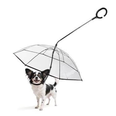 Imagem de PETLESO Guarda-chuva transparente para cães pequenos, coleira ajustável, guarda-chuva automontável para cães pequenos, mantém o animal de estimação seco para caminhadas chuvosas/viagens ao banheiro
