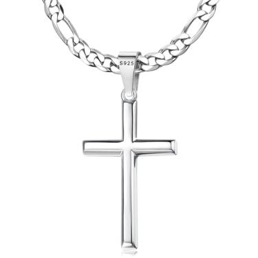 Imagem de Milacolato Colar com pingente de cruz de prata esterlina 925 para homens e mulheres com 5 mm de aço inoxidável durável com corte diamante fígaro ou corrente de elos groumett, banhado a ouro branco 18 K, cruz polida fina, 45 a 76 cm, Metal, Zircônia cúbica