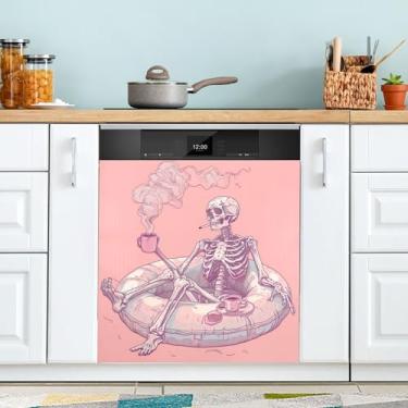 Imagem de xigua Capa de ímã de esqueleto engraçado para lava-louças, adesivos magnéticos decorativos antiarranhões para painel de geladeira e lava-louças, decoração personalizada de cozinha doméstica 58 x 66 cm
