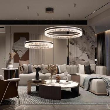 Imagem de Lustre LED para sala de estar, luminária pendente grande e moderna, dimerizável com controle remoto, luminária de teto criativa para mesa de jantar, luminária redonda de alumínio marrom com