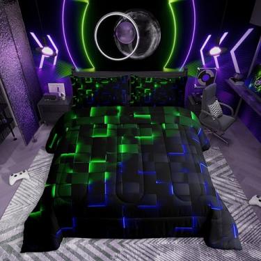 Imagem de Erosebridal Conjunto de cama solteiro preto azul e verde, xadrez geométrico 3D, edredom geométrico neon gradiente, decoração de quarto de jogos abstratos para crianças, meninos e meninas, 1 fronha