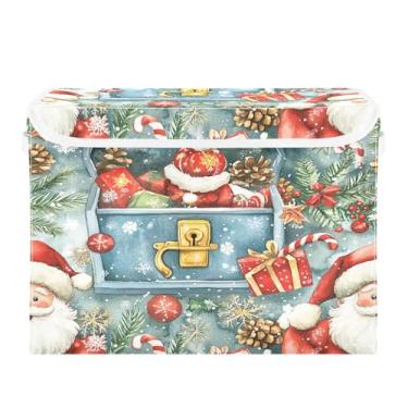 Imagem de SEHANY Linda caixa de armazenamento de Papai Noel de Natal com tampas e alças, organizador de cestas de armazenamento de tecido dobrável, caixas de armazenamento de cubos grandes para roupas, cobertor