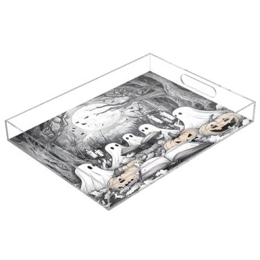 Imagem de xigua Bandeja de servir de acrílico fantasma de Halloween com alças à prova de derramamento, bandejas decorativas de festa de Halloween, bandeja organizadora de bancada para banheiro, cozinha, 30,5 x