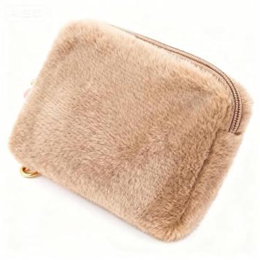 Imagem de Bolsa feminina de pelúcia de cor doce, carteira quadrada macia, porta-cartões, bolsa para fone de ouvido, linda bolsa de inverno, Marrom