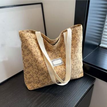Imagem de Sacola de lona floral vintage ecológica de grande capacidade - estilo boêmio, bolsa de compras casual para uso diário/trabalho/escola, Amarelo