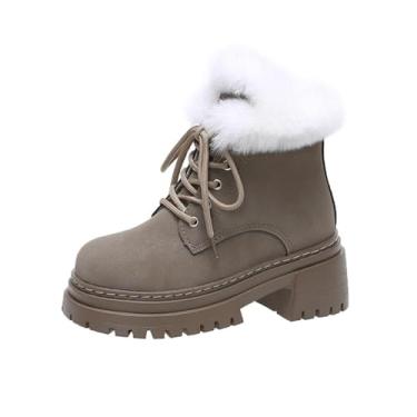Imagem de Botas curtas femininas casuais quentes de inverno com cadarço frontal salto grosso bico redondo estilo salto médio tornozelo, Cinza, 38