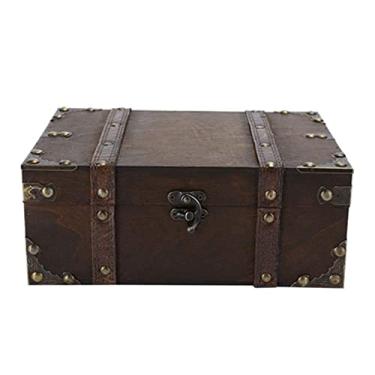 Imagem de Caixa de armazenamento de madeira baús de tesouro decorativos vintage de grande capacidade estojo de decoração artesanal para escritório em casa (cor: cadeado, tamanho: 23,5 x 9,5 x 16 cm) (sem