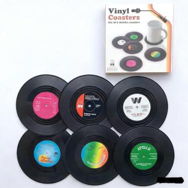 Imagem de Aissmmeio 6 peças de porta-copos retrô engraçados para bebidas com suporte de vinil 10 cm para amantes de música, bebidas, bares, festas, aniversário, decoração de casa