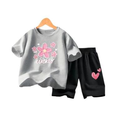 Imagem de Conjunto De Roupas De Verão Para Meninas Camiseta Com Flores E Shorts 