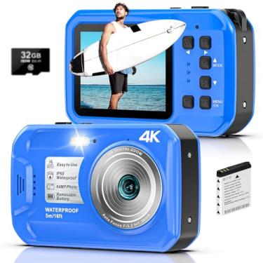 Imagem de Câmera subaquática 4K, câmera digital à prova d'água de 64 MP com cartão de 32 GB, câmera flutuante à prova d'água com tela IPS HD, zoom digital de 16x, luz de preenchimento