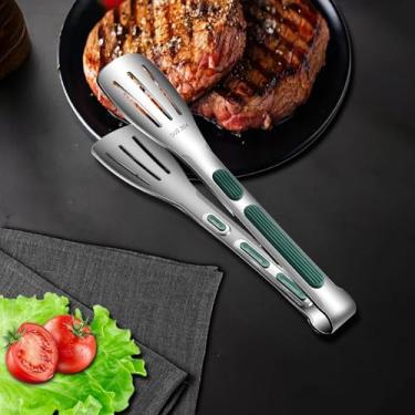 Imagem de Pinça de cozinha de aço inoxidável de 23 cm com pontas de silicone antiderrapantes, resistente ao calor para cozinhar, servir e churrasco