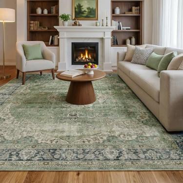 Imagem de FMFUNCTEX Tapete lavável 15 x 23 cm, verde, vintage, neutro, desgastado, oriental, grande, antiderrapante, para sala de estar, quarto, macio, com pelo baixo, tapete retrô para sala de jantar, cozinha