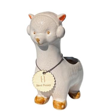 Imagem de SJBAG Vaso de suculentas de cerâmica em forma de alpaca com orifícios de drenagem, vaso de animais pintado à mão para cactos e suculentas internos, decoração de casa exclusiva e presente (branco)