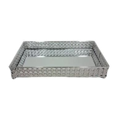 Imagem de Bandeja Decorativa de Luxo com Espelho em Metal, Retangular, para Banheiro, Lavabo ou Multiuso (Palha Prata)