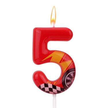 Imagem de Vela de aniversário temática de carros de corrida, vela vermelha com número de relâmpago, topo de bolo perfeito e artigos de decoração de aniversário e festa temática (número 5)