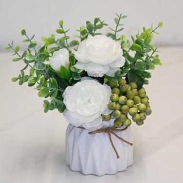 Imagem de LADADA Flores falsas com vaso, rosas de seda artificial em vaso, arranjo de flores de eucalipto de planta falsa, decorações modernas para casa e escritório, presentes de casamento para o Dia das Mães