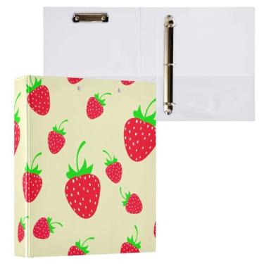 Imagem de Wassud Fichário de morangos com folhas com 3 anéis com clipe organizador de anéis redondos de 3 cm com bolso transparente para fichário decorativo A4 para escritório, casa, 1 pacote