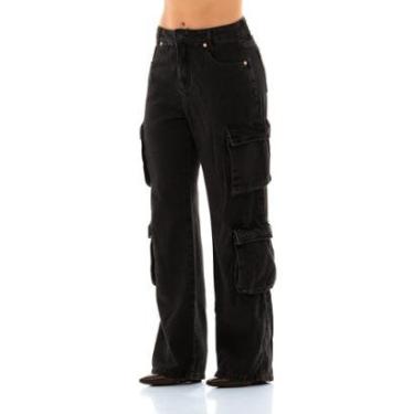 Imagem de Calça Jeans Feminina Arauto Wide Leg Cargo Black-Feminino