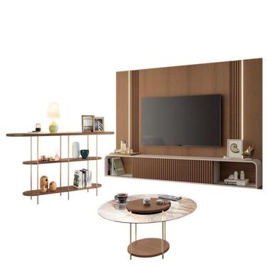 Imagem de Home Suspenso Castanho Off White E Aparador Infinity E Mesa De Centro Sky Com Tampo De Vidro Castanho- Hb Móveis