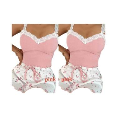 Imagem de Conjunto De Pijama Feminino Rosa Com Renda E Decote V, Camisola Sexy, 