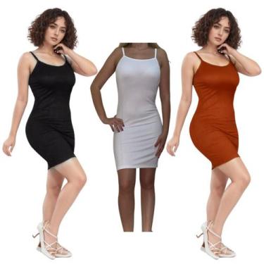 Imagem de KIT C/3 Vestidos Alcinha Canelado - Emporio J, Preto, Branco, Caramelo