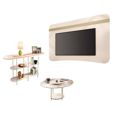 Imagem de Painel Suspenso Armony com Mesa de Centro Sky com Tampo de Vidro e Aparador Infinity Off White Champanhe - HB Móveis