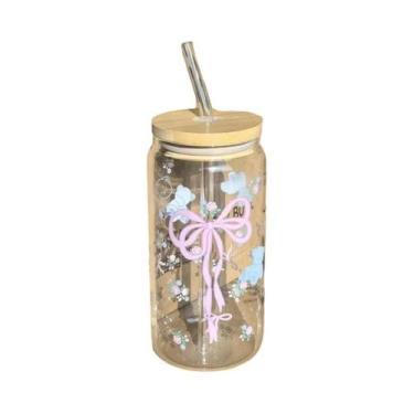 Imagem de Copo De Vidro Com Laço Fofo De 500ml, Garrafa De Água Tipo Mason Jar C