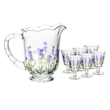 Imagem de Conjunto Jarra com 6 Taças de Cristal Lavanda Hand Painting 1,3L Pintura Artesanal Transparente Lyor