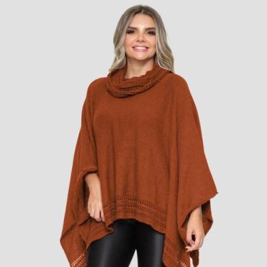 Imagem de Poncho Feminino Tricot Mousse Liso Gola Alta Casaco Lã Inverno - GIP, 