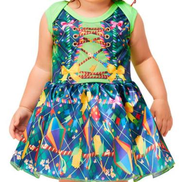 Imagem de Vestido Bebe Festa Junina Menina Azul e Verde com Balões Roupa Caipira