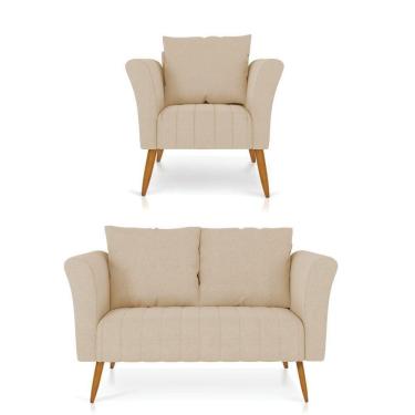 Imagem de Kit 01 Namoradeira 02 Lugares E 01 Poltrona Marilia Linho Pés Palito Castanho - D`rossi Cor A19 Grosso Bege