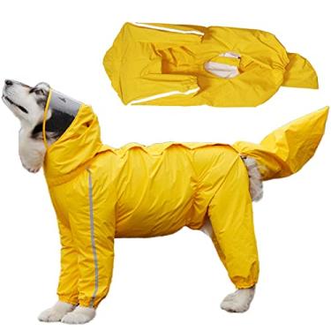 Imagem de Casaco de chuva de cachorro grande com capuz poncho roupas à prova de água para animais de estimação jaqueta de chuva leve com aba transparente/tira refletiva para cães médios e grandes com capa de cauda, amarelo, 11GG (40