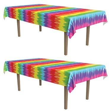 Imagem de Beistle 2 peças tema Hippie 60 tie dye plástico retangular toalha de mesa arco-íris para festas de aniversário e carnavais, 137,16 x 274,32 cm, multicolorido