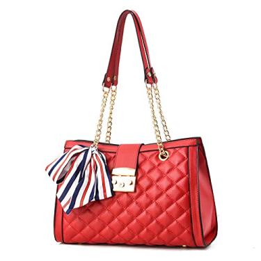 Imagem de Bolsas de ombro de couro para mulheres bolsas acolchoadas moda bolsa grande com alça de corrente bolsa feminina, Vermelho