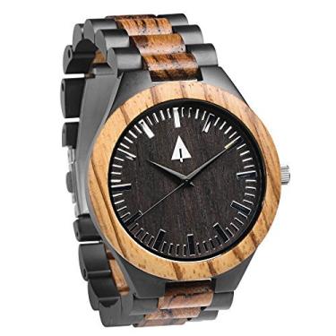Imagem de Treehut Relógio masculino Zebrawood de madeira preto de aço inoxidável analógico de quartzo com relógio.
