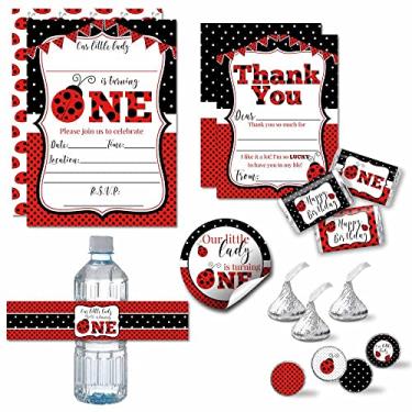 Imagem de O conjunto de luxo de joaninha vermelha para festa de aniversário inclui 20 convites e cartões de agradecimento com envelopes + 2 tamanhos diferentes de adesivos, mini embalagens de barra de doces e etiquetas de garrafa de água!